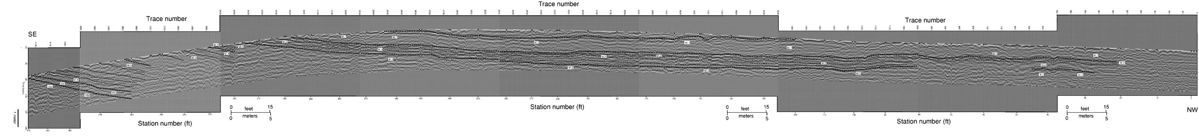 GPR data presented in a profile with reflections drawn on data.