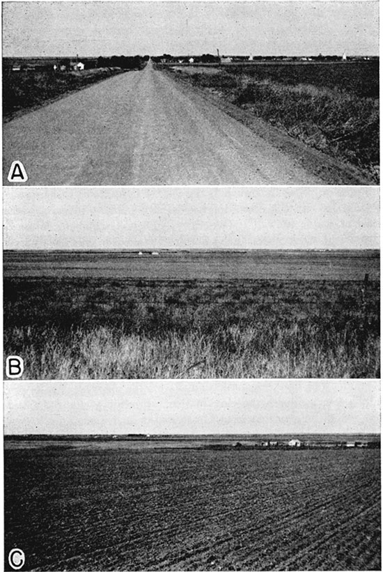 Three black and white photos of terrace deposits in Pawnee County.