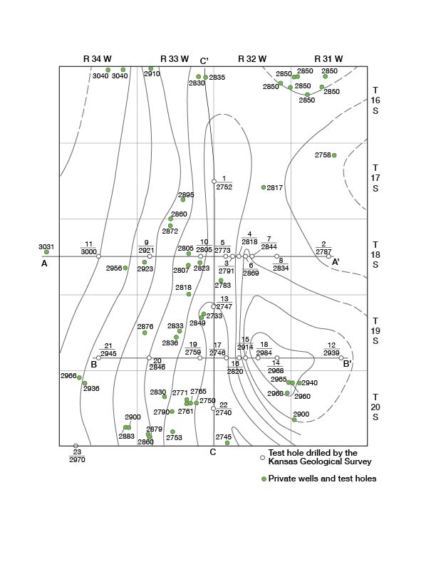 Contours show high in south-central part of county, low in southeast corner and lower to north west.