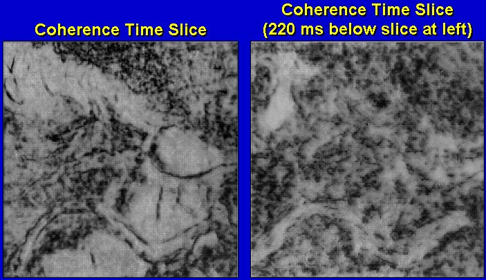 on left is coherence time slice, on right is slice from below